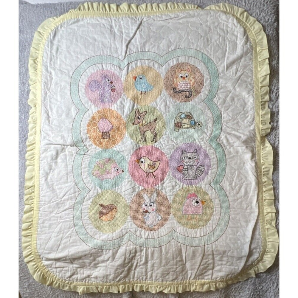 Baby Blanket Hand Made Embroidered Reversible Ruffled Edge‎ Happi Woodland Quilt